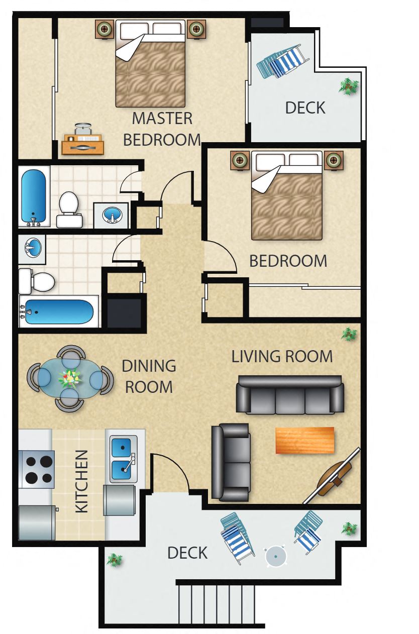 Floor plan for 2 beds, 2 baths, 860 sqft